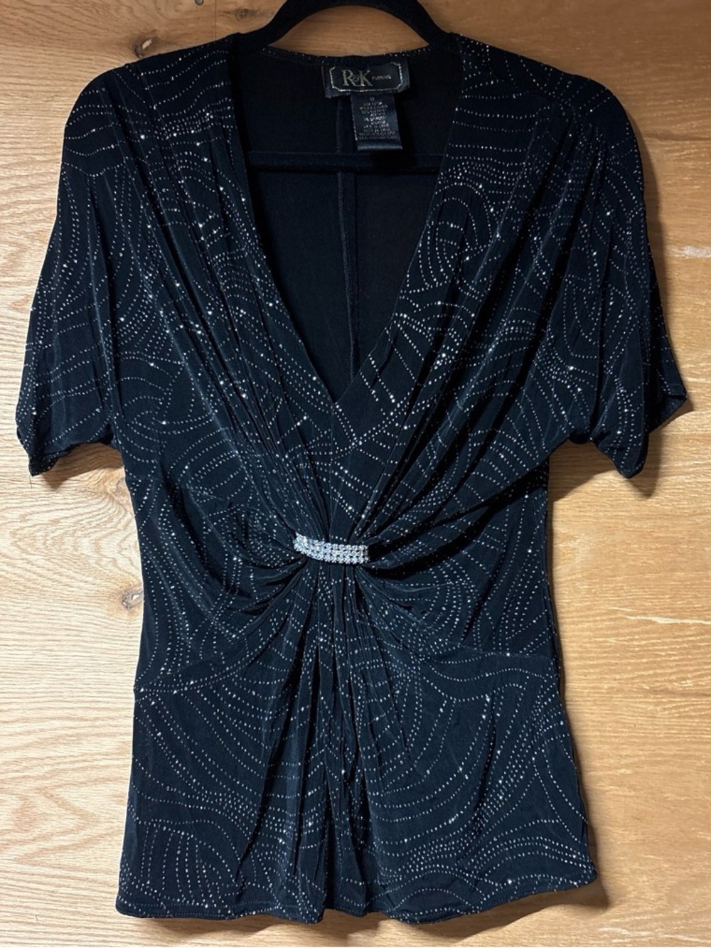 R&K Black Short-Sleeve V-Neck Top with Silver Accent